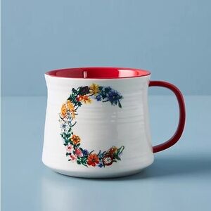 Anthropologie Red and White Ceramic Mug with Floral Design